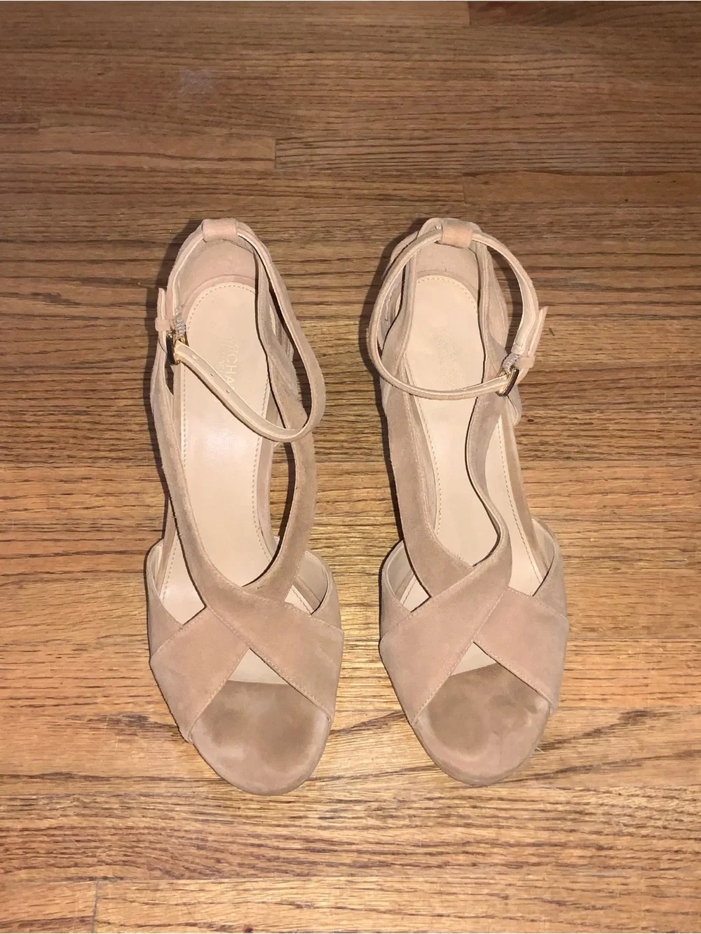 Michael Kors Suede Crisscross Ankle-Strap Heels in Beige